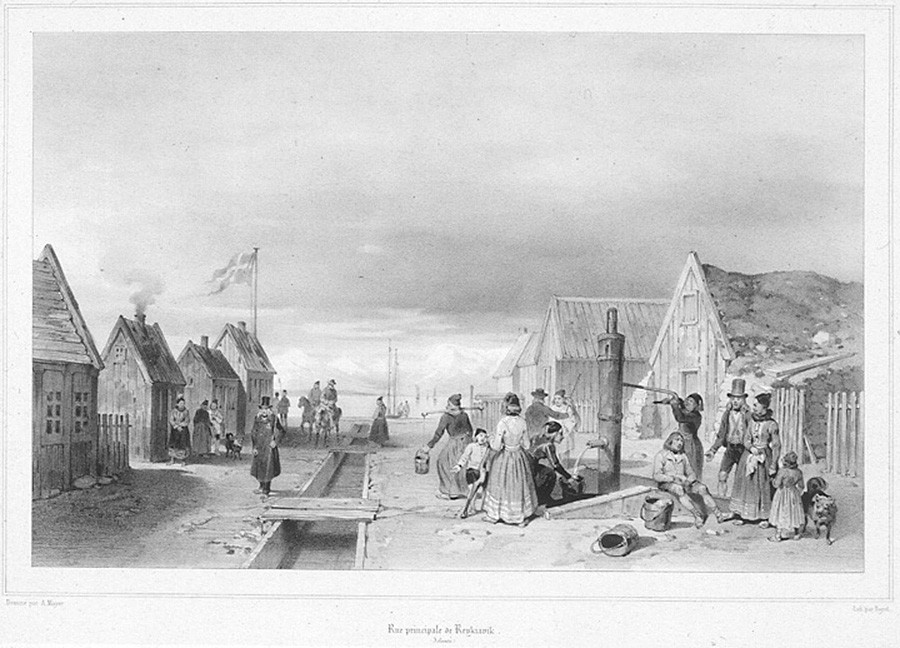 Rycina s 1836 roku, pokazująca ulicę Aðalstræti. Litografia wykonana z rysunku Auguste Mayer