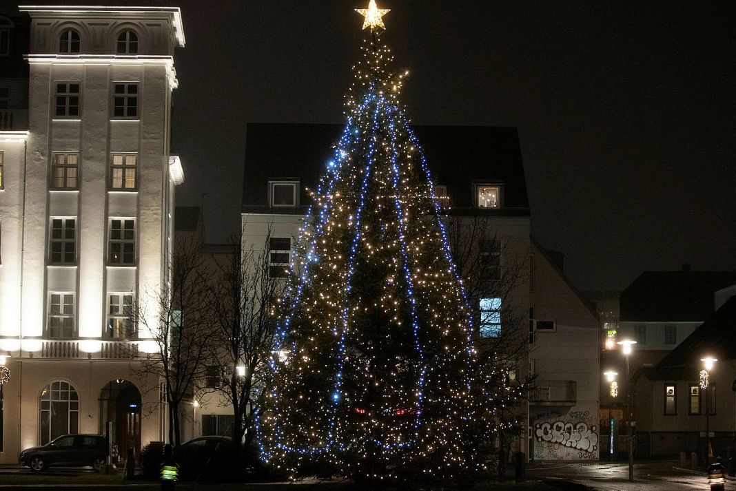 Die Lichter am Weihnachtsbaum, den Oslo Reykjavik gespendet hat, brennen